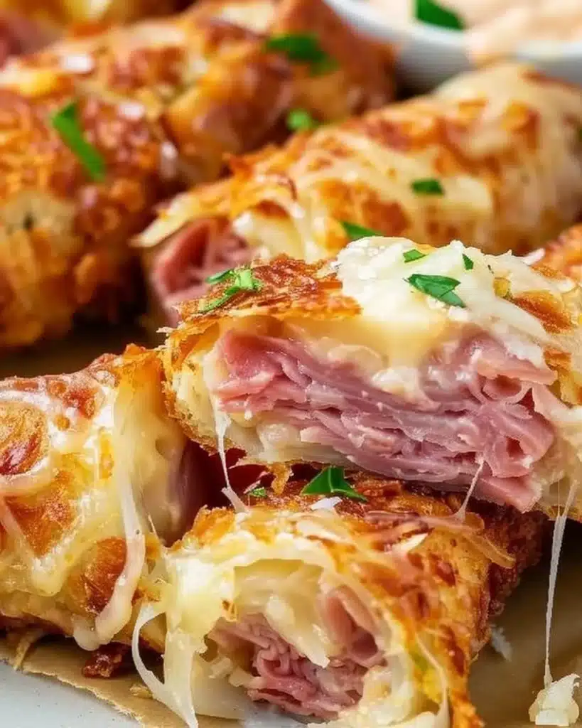 Delicious Keto Crispy Reuben Roll-Ups served on a plate with dipping sauce.
