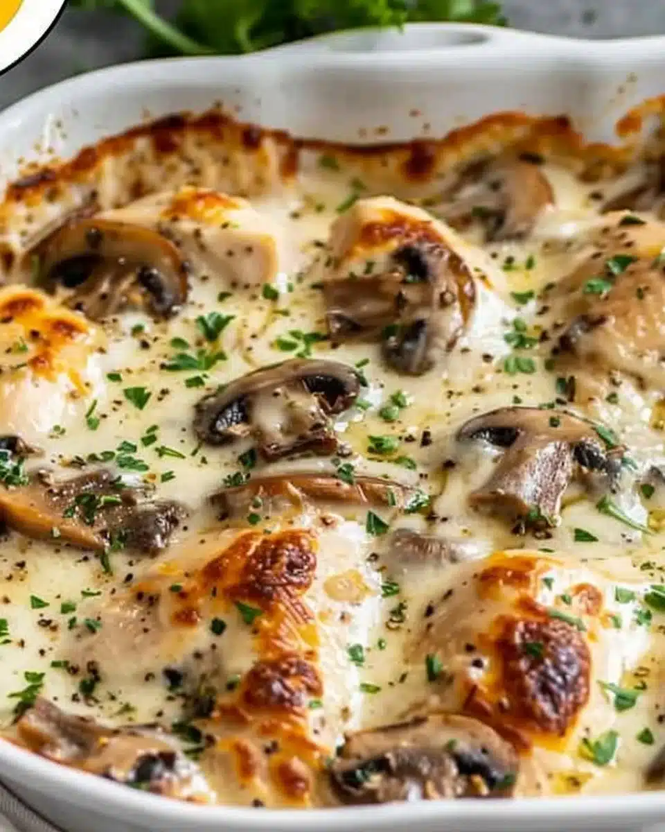 Keto Garlic Mushroom Chicken Casserole topped with herbs and cheese
