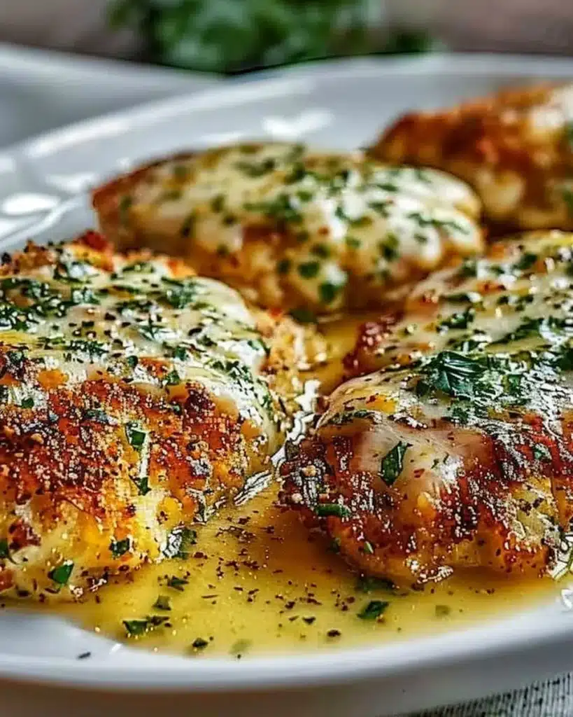A plate of Keto Garlic Parmesan Chicken garnished with parsley.