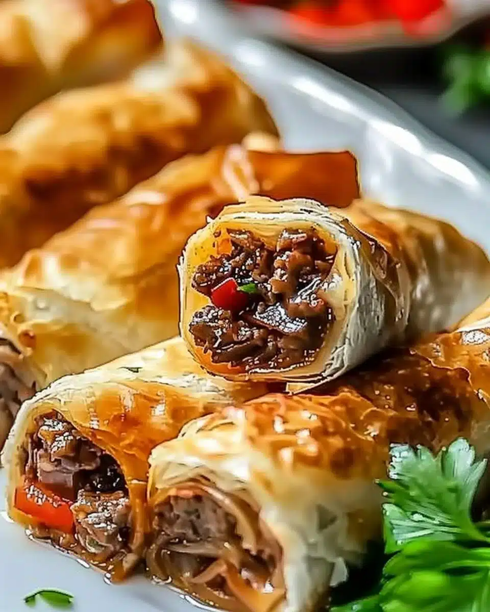 Keto Cheesesteak Roll Ups on a plate garnished with fresh herbs