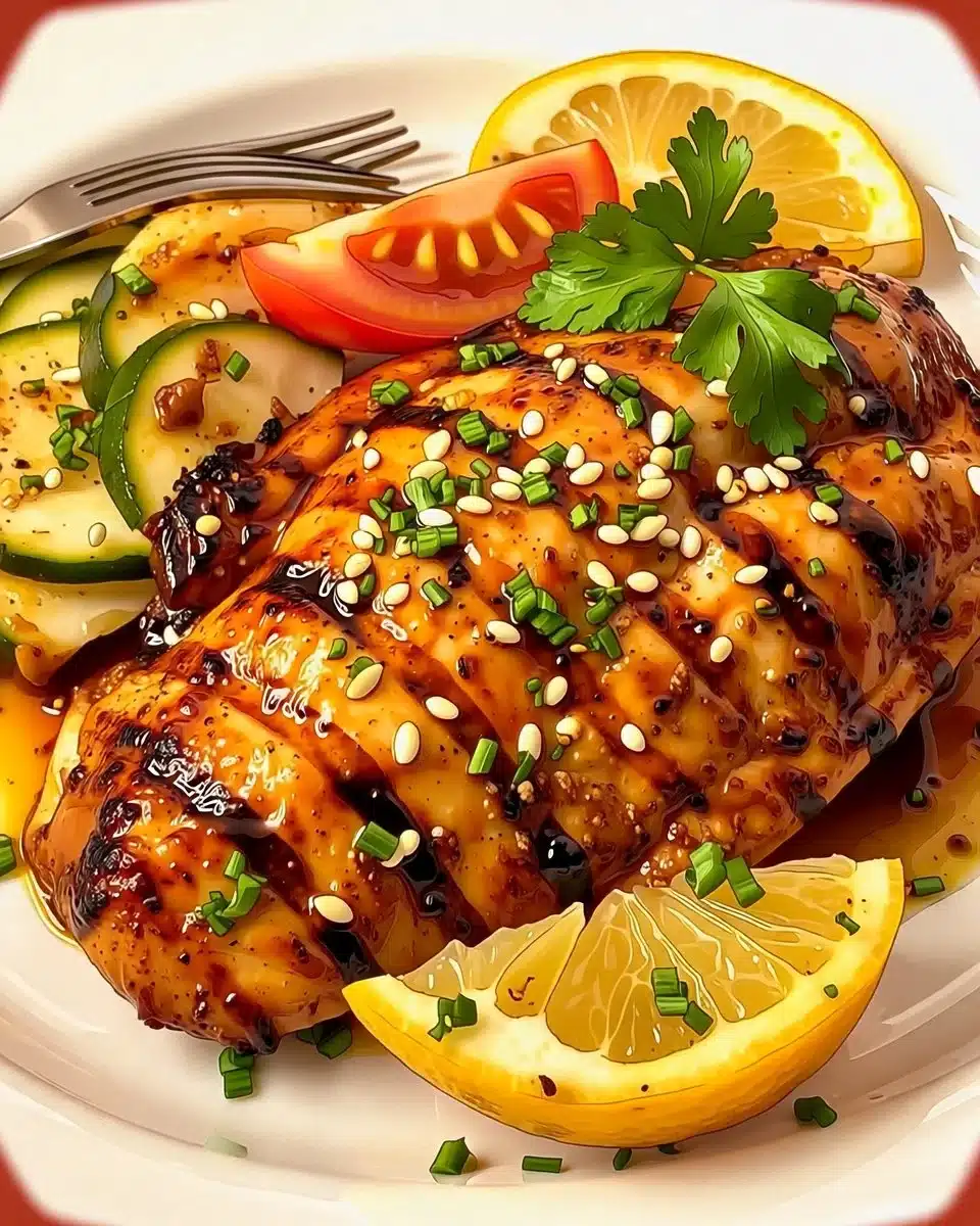 Delicious Key West Grilled Chicken garnished with fresh herbs and lime.