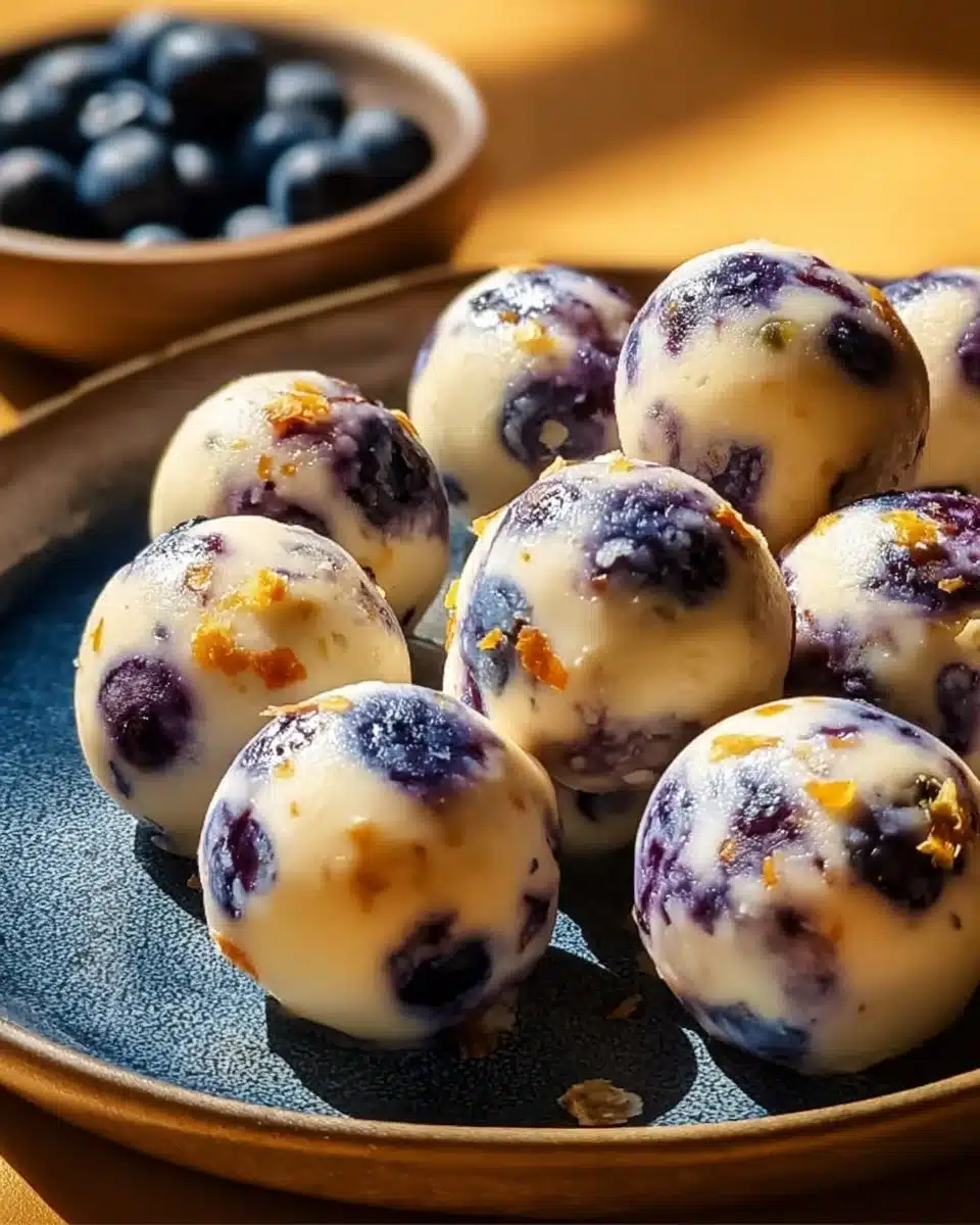 Lemon blueberry cottage cheese protein bites on a plate