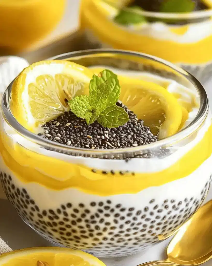 Delicious Lemon Cream Chia Pudding served in a bowl with fresh lemon slices.