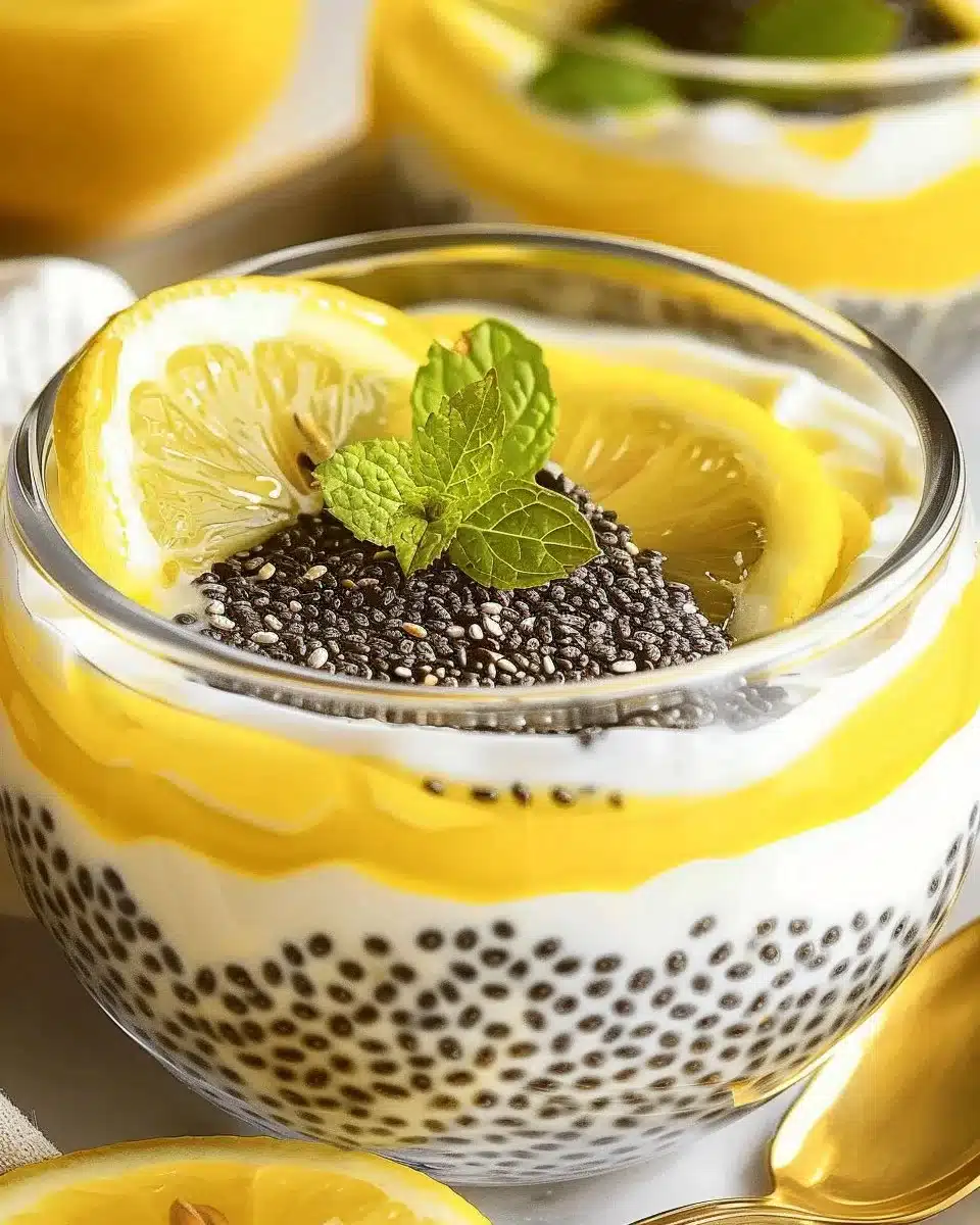 Delicious Lemon Cream Chia Pudding served in a bowl with fresh lemon slices.