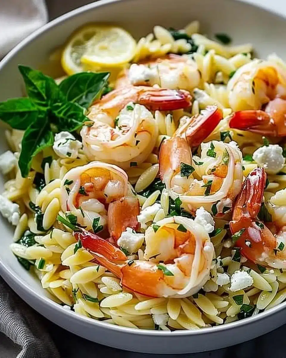 Plate of lemon feta orzo shrimp with fresh herbs and lemon slices.