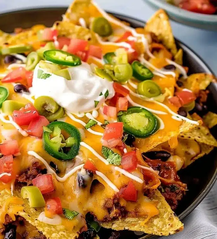 Delicious loaded cheesy nachos topped with jalapenos, salsa, and guacamole.