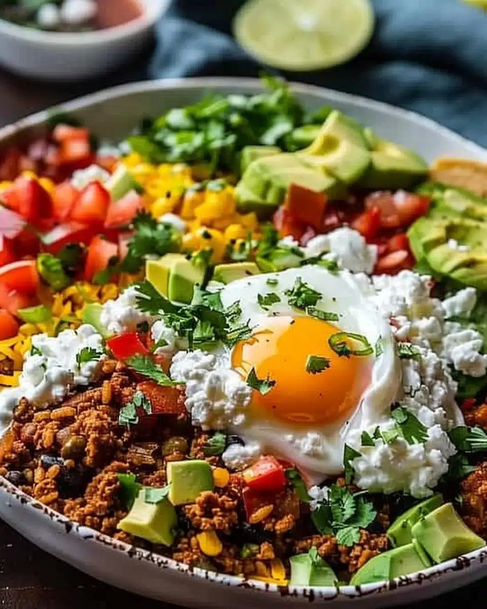 Colorful low carb burrito bowl with fresh vegetables and protein toppings