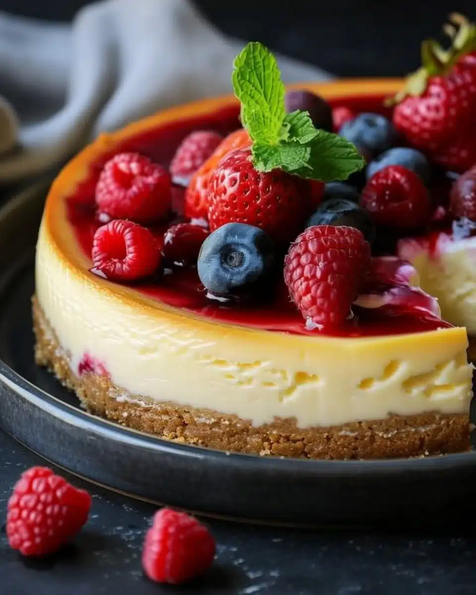 Slice of low carb cheesecake topped with fresh berries and a dollop of Greek yogurt