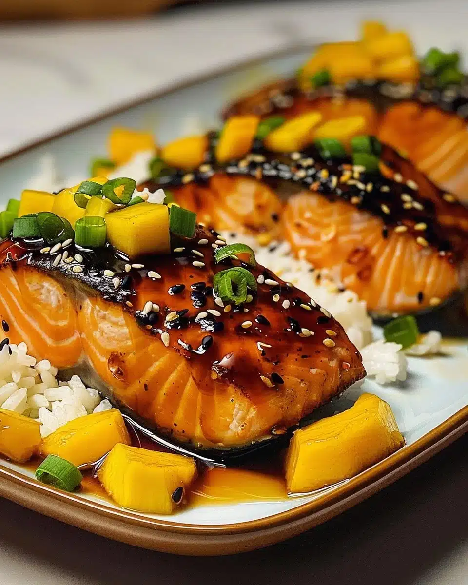 Delicious Mango Teriyaki Salmon garnished with fresh herbs and served on a plate