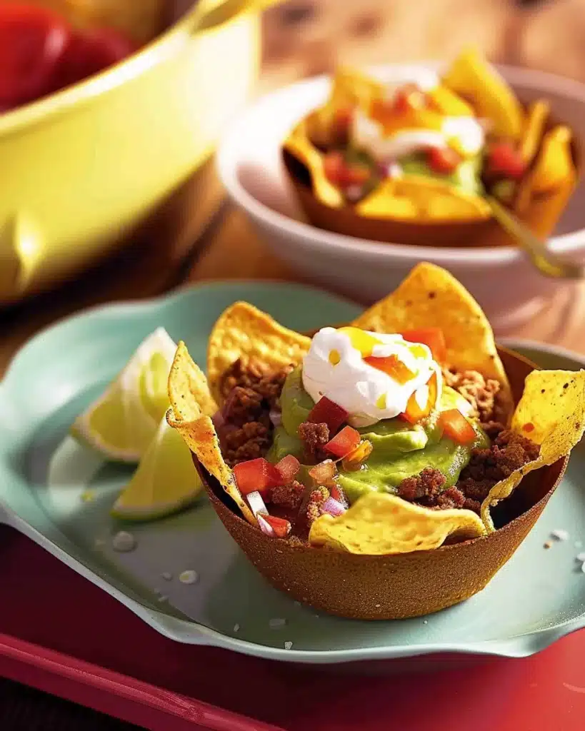 Delicious Mexican nachos baskets topped with cheese, jalapeños, and guacamole.