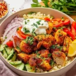 Bowl of Moroccan Mediterranean Chicken Couscous with vegetables and spices