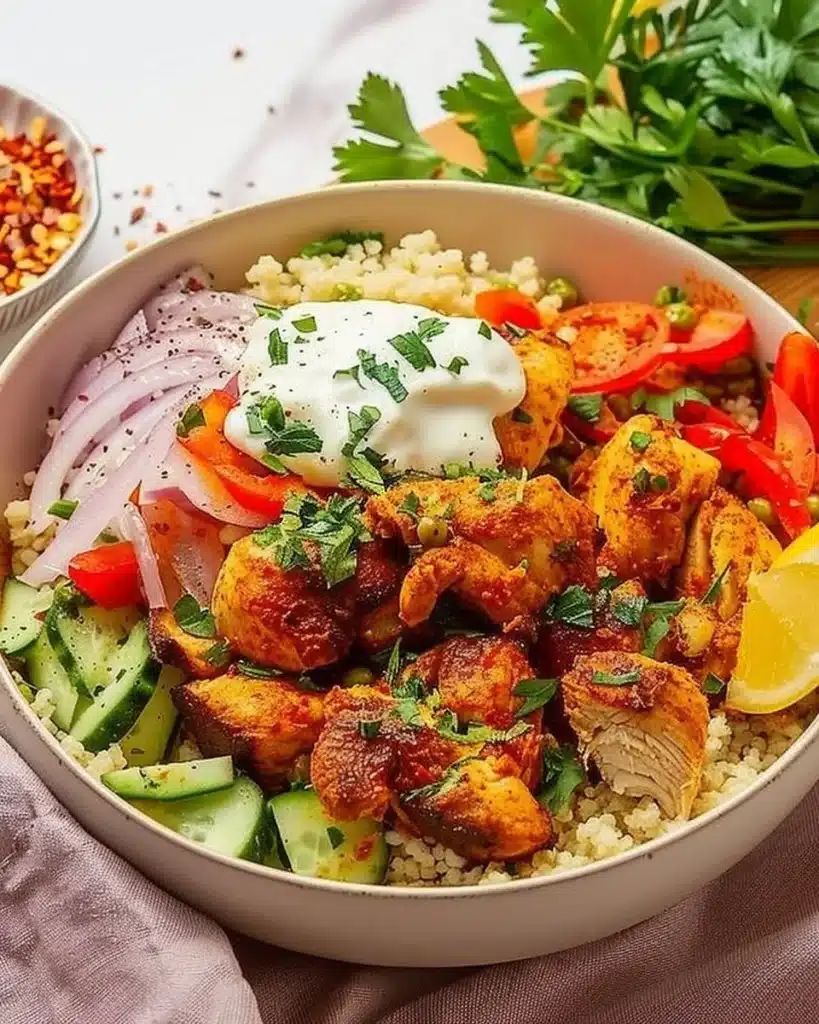 Bowl of Moroccan Mediterranean Chicken Couscous with vegetables and spices
