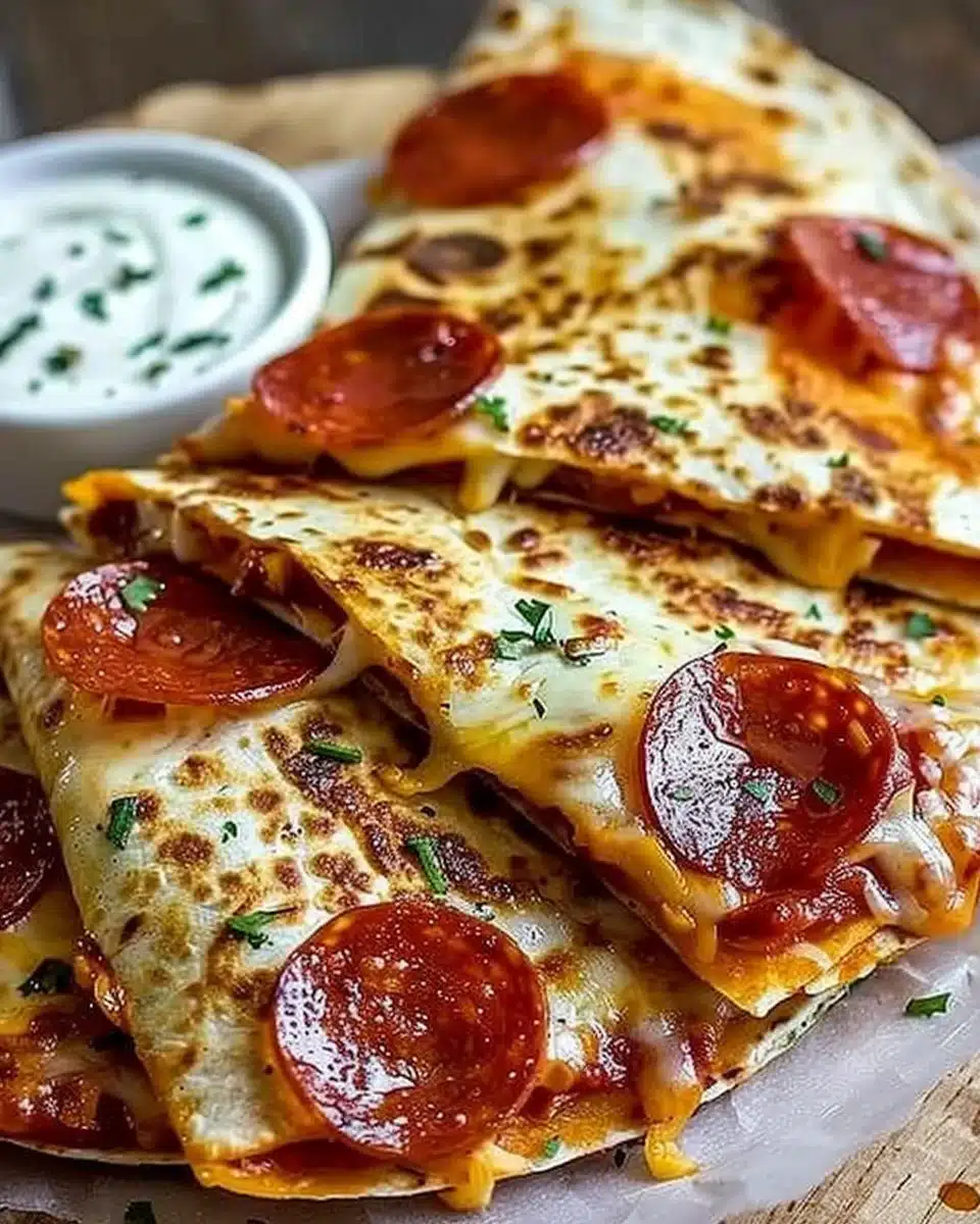 Delicious pepperoni pizza quesadillas served with dipping sauce