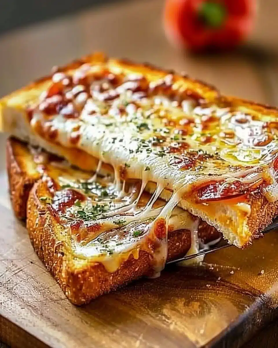 Melted cheese and pizza toppings on grilled cheese sandwich