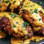 Pretzel Chicken drizzled with Mustard-Cheddar Sauce on a plate