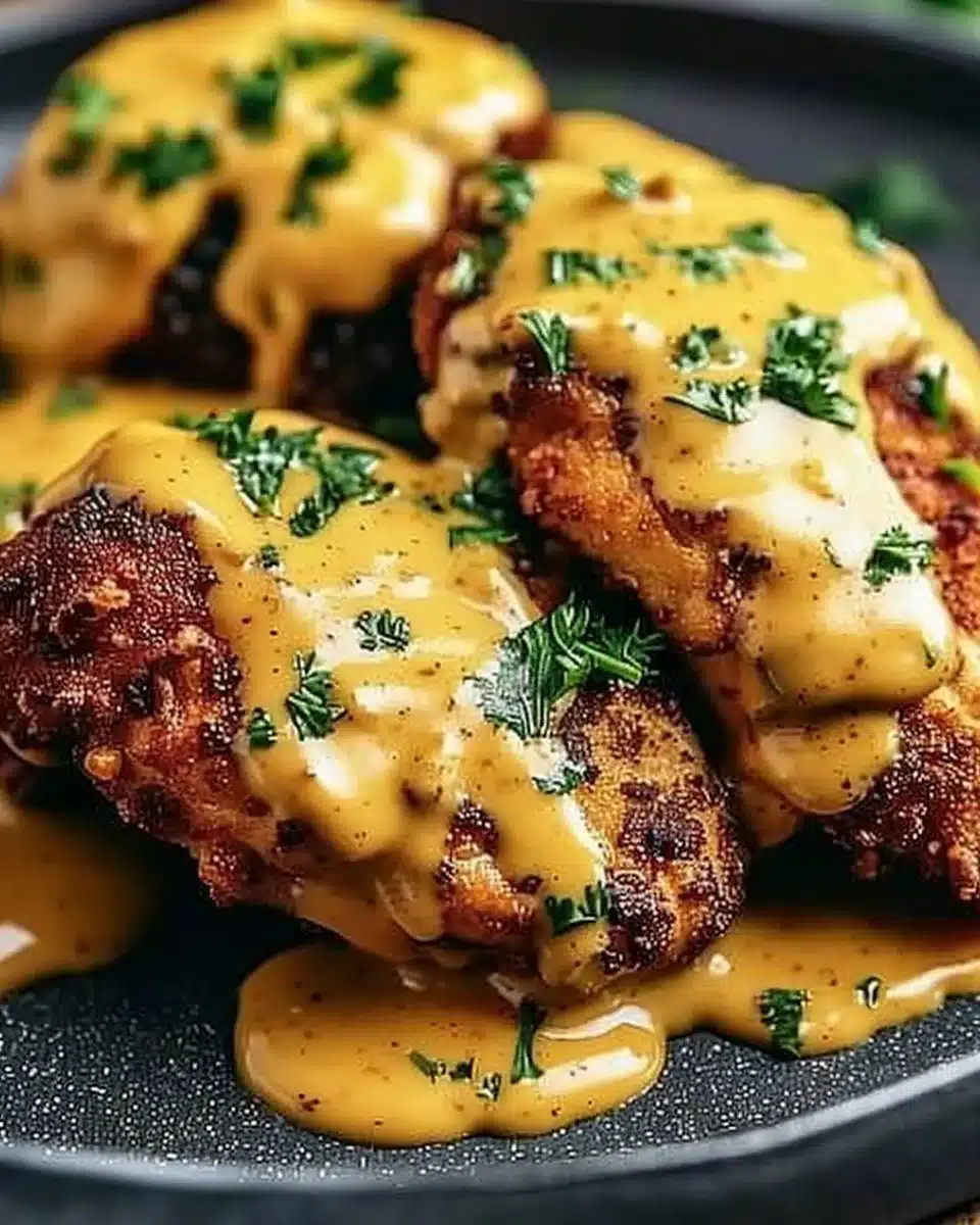 Pretzel Chicken drizzled with Mustard-Cheddar Sauce on a plate