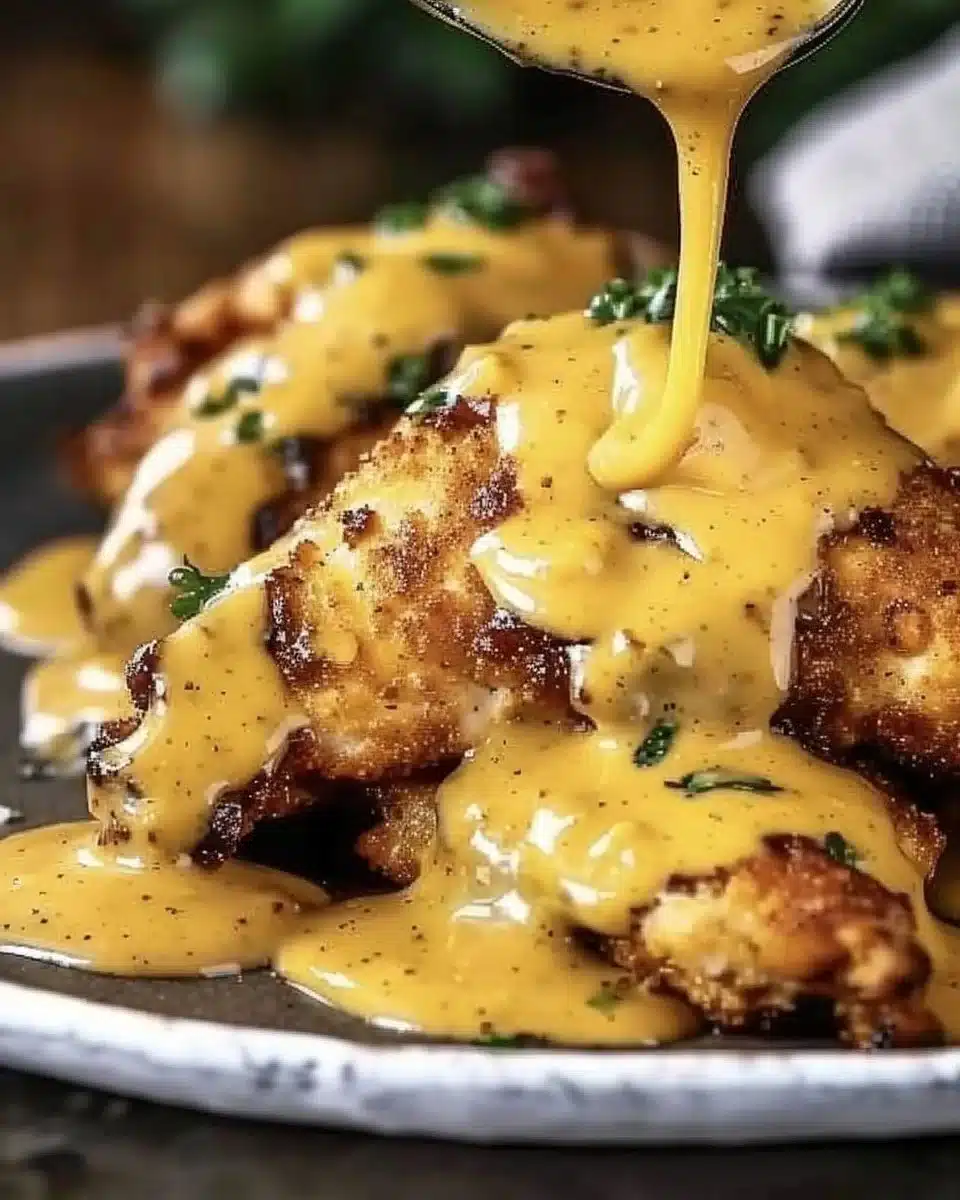 Pretzel Chicken with Mustard-Cheddar Sauce