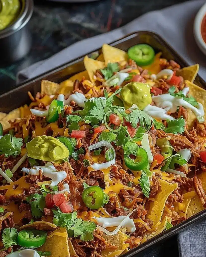 Delicious pulled pork nachos topped with cheese, jalapeños, and fresh ingredients.