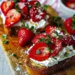 Delicious roasted strawberry whipped ricotta toast topped with fresh strawberries