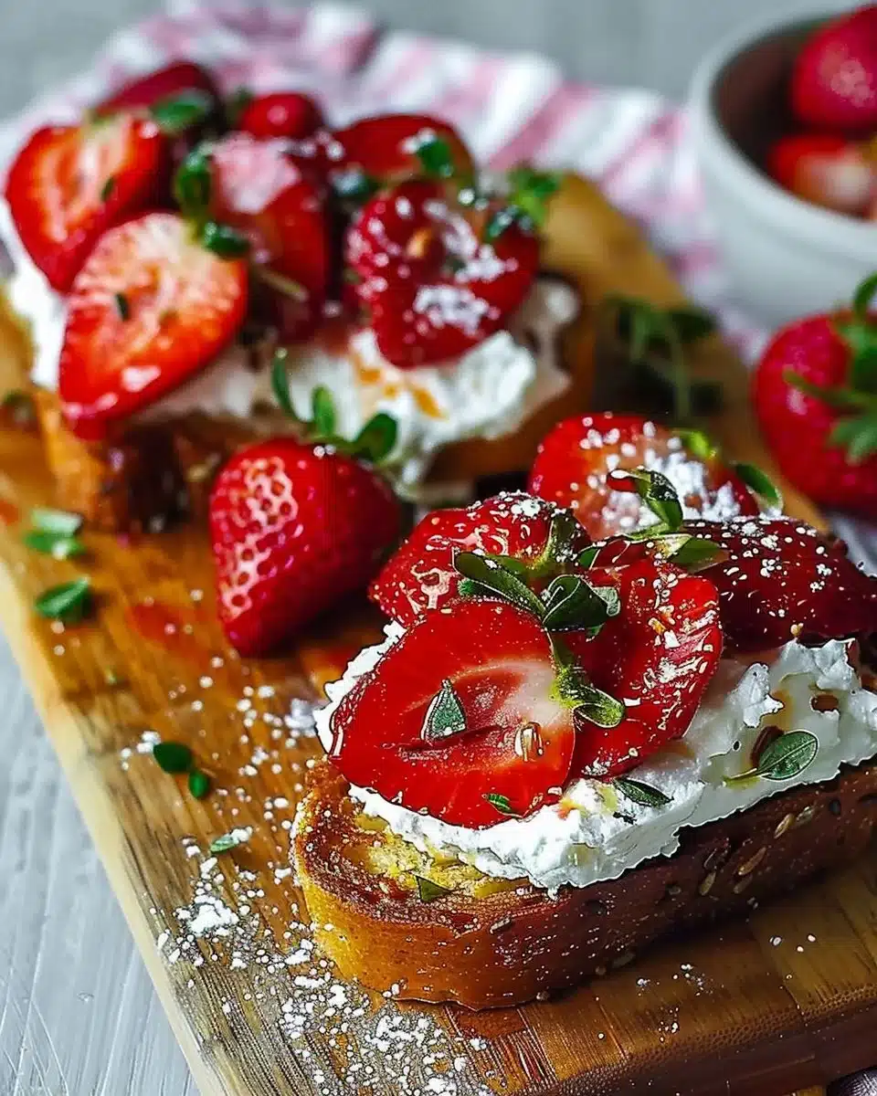 Delicious roasted strawberry whipped ricotta toast topped with fresh strawberries