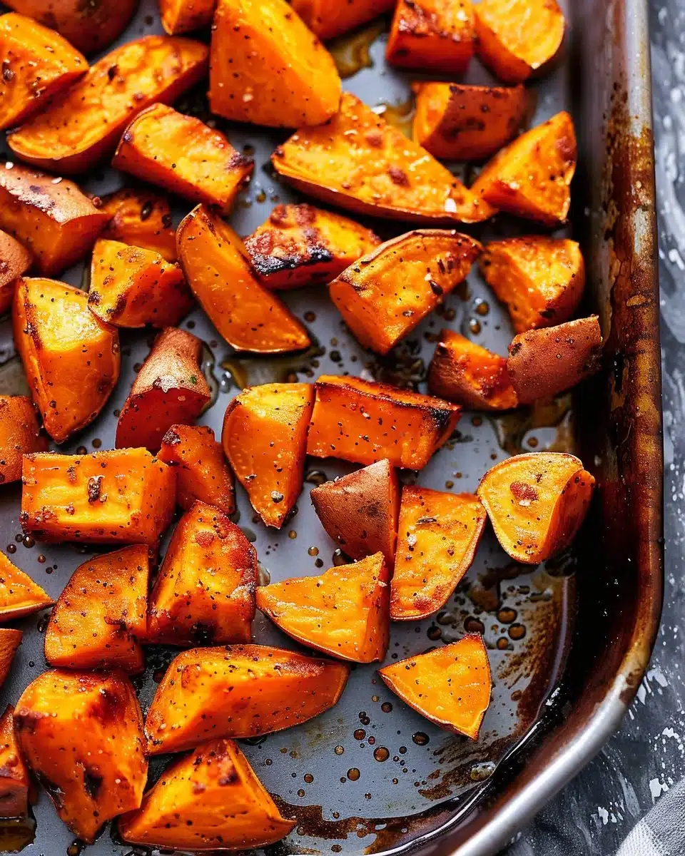 A plate of golden roasted sweet potatoes garnished with herbs.