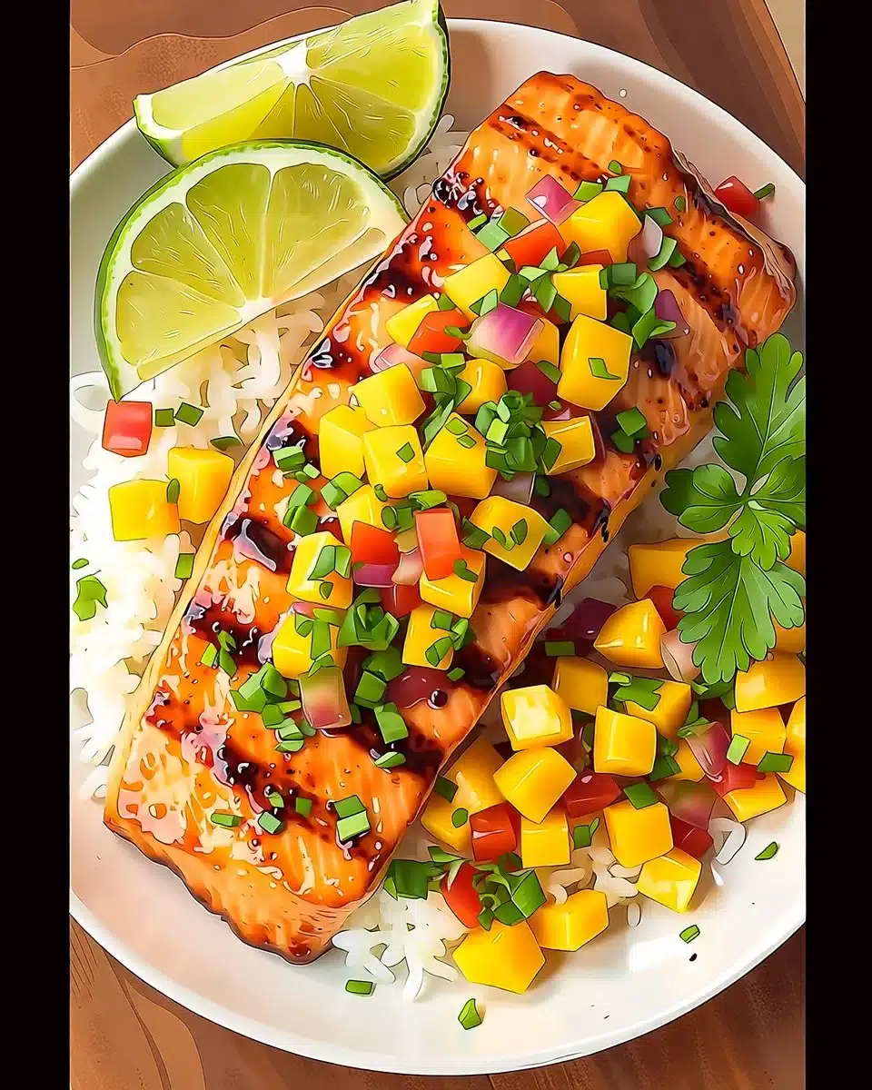 Grilled salmon topped with fresh mango salsa served on a plate