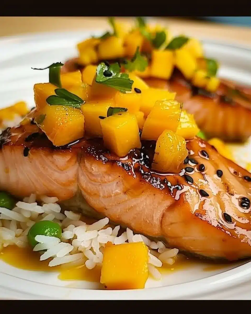 Grilled salmon with vibrant mango salsa on a plate