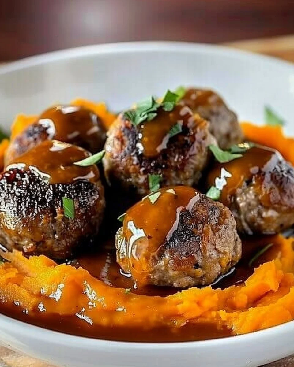 Savory pork meatballs served with sweet potato mash and bourbon-maple sauce