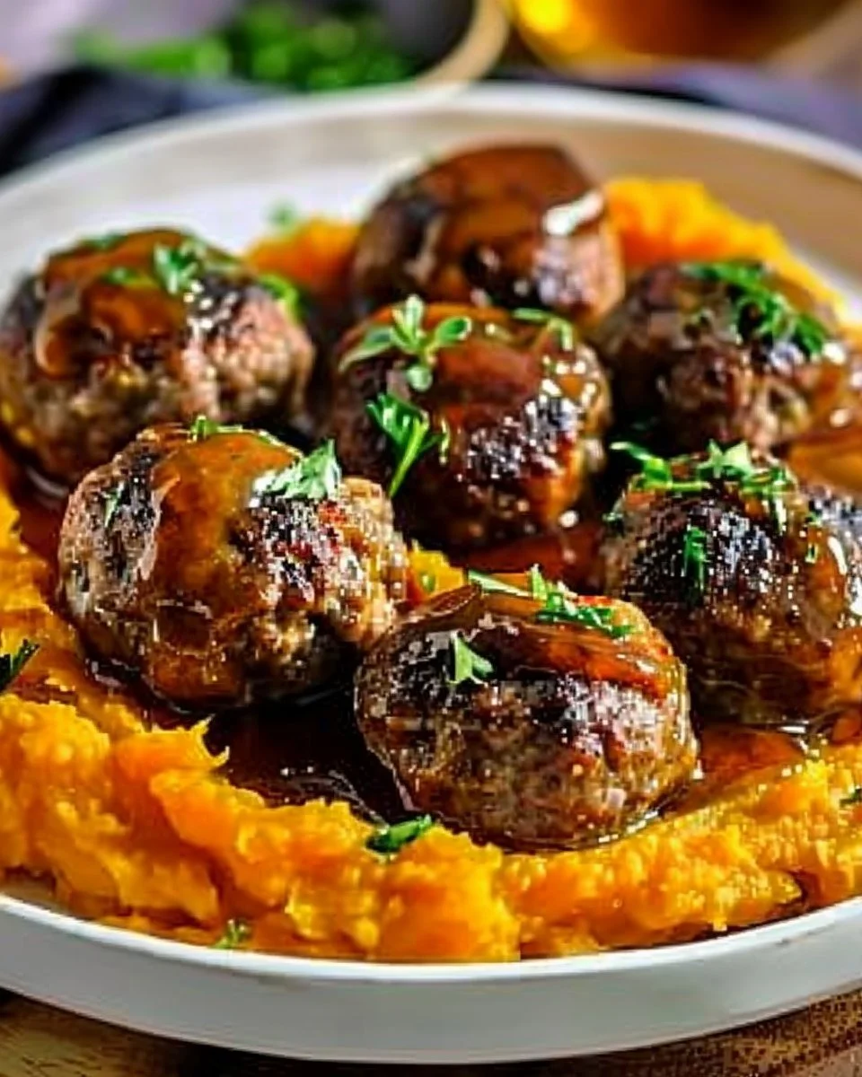 Enjoy Irresistible Pork Meatballs with Sweet Potato Mash & Bourbon-Maple Sauce