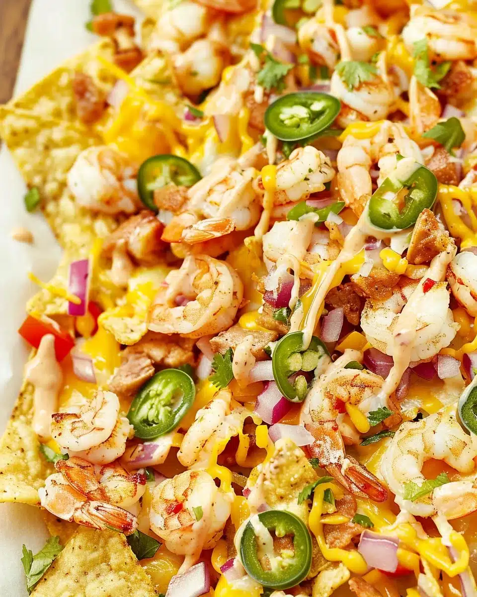 Delicious shrimp nachos topped with cheese, jalapeños, and fresh garnishes.