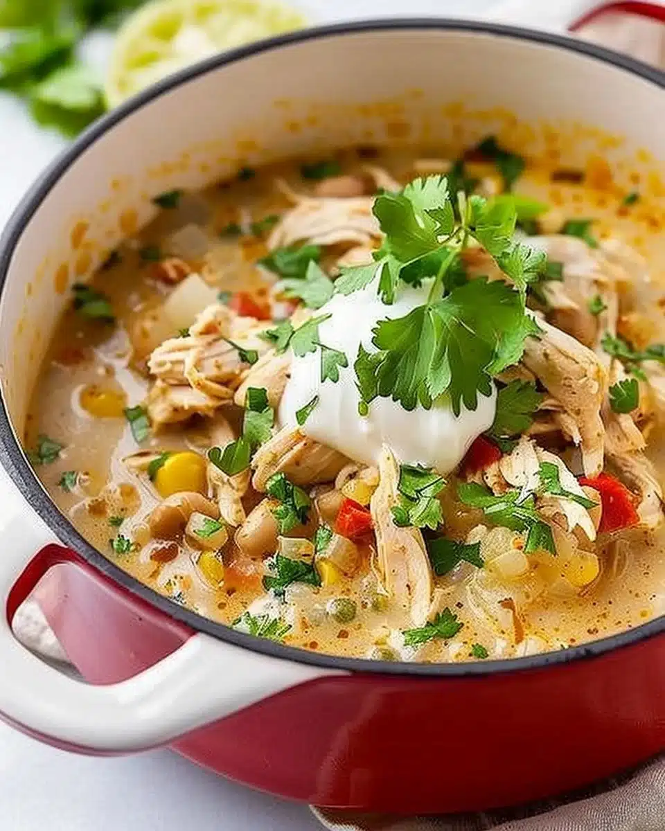 Bowl of Simple Keto White Chicken Chili with colorful toppings