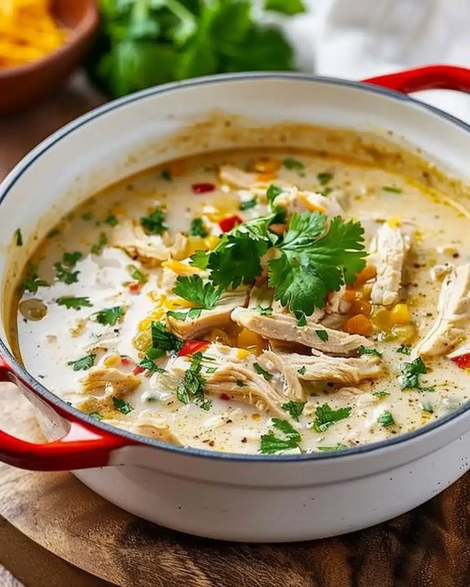 Bowl of Simple Keto White Chicken Chili garnished with cilantro