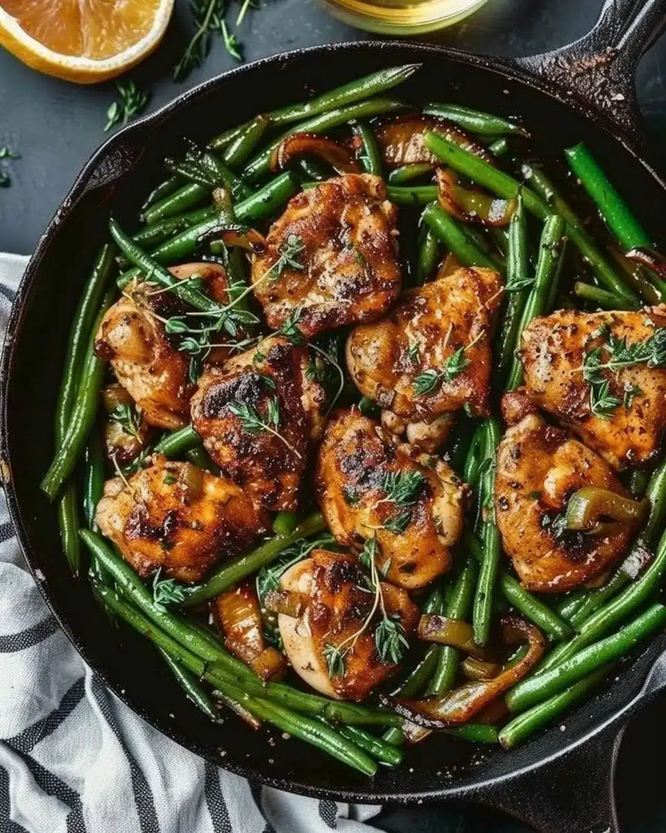 Skillet Garlic Butter Chicken with Green Beans cooked in a pan