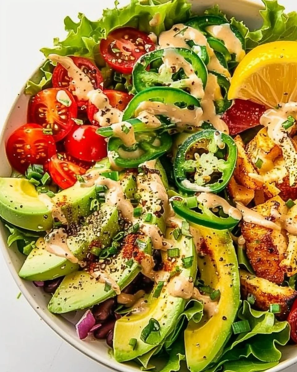 Delicious spicy avocado salad with fresh ingredients and vibrant colors.
