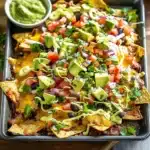 Plate of spicy black bean nachos topped with cheese and fresh toppings