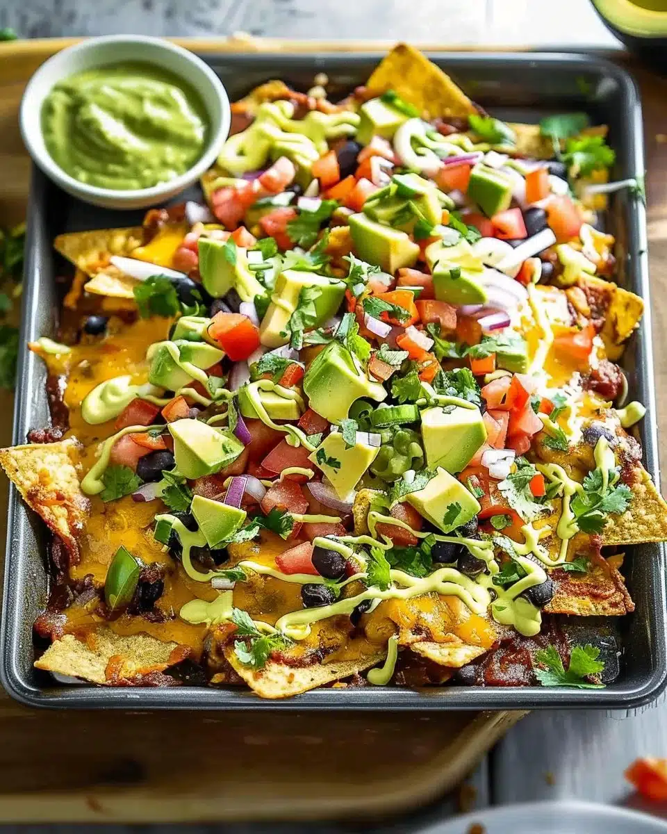 Plate of spicy black bean nachos topped with cheese and fresh toppings