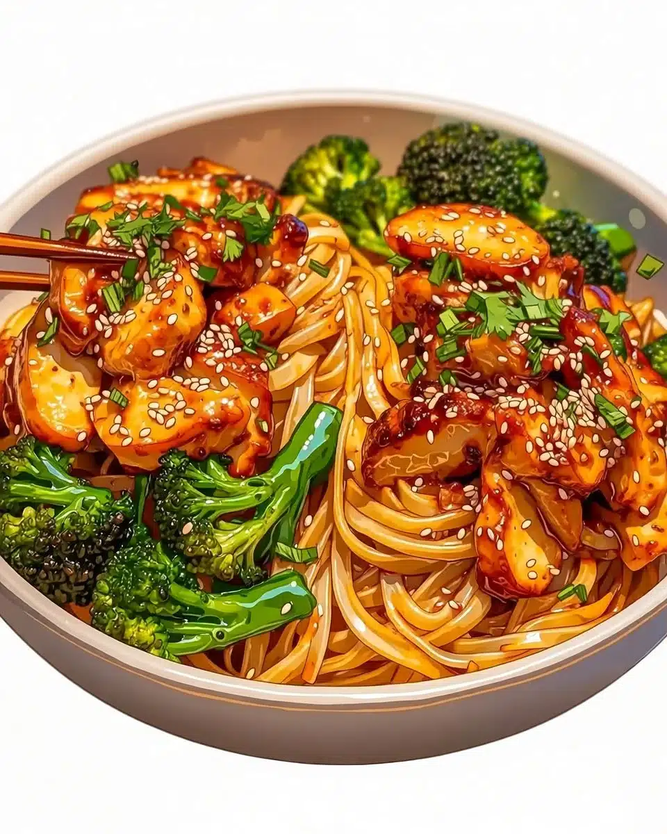 Spicy Garlic Chicken with Broccoli in Noodle Bowl