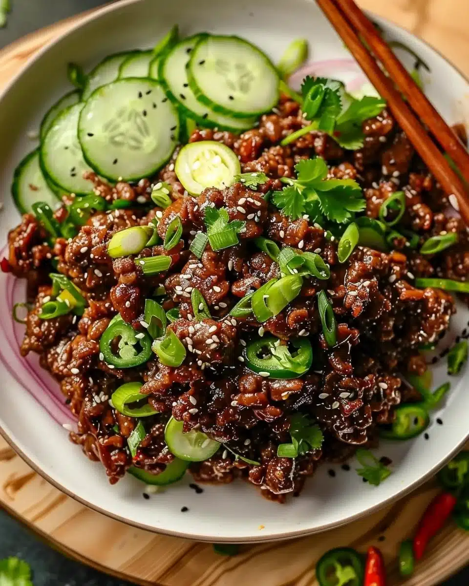 Spicy Keto Korean Ground Beef served with a fresh cucumber salad