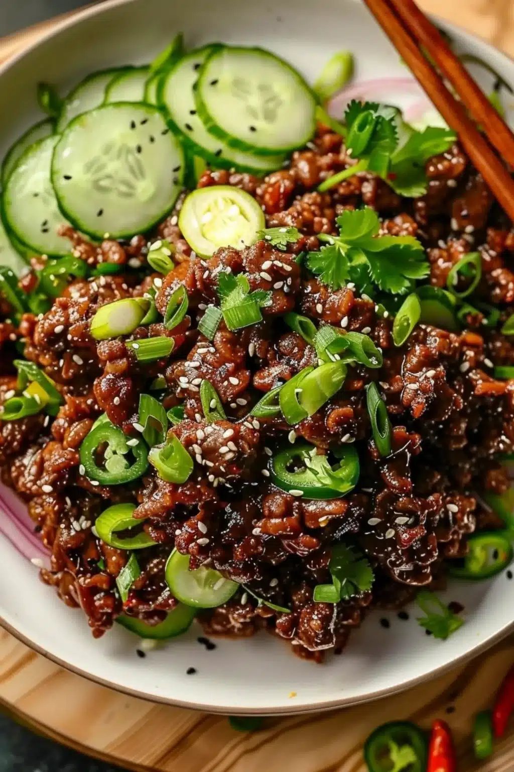 Spicy Keto Korean Ground Beef with Cucumber Salad