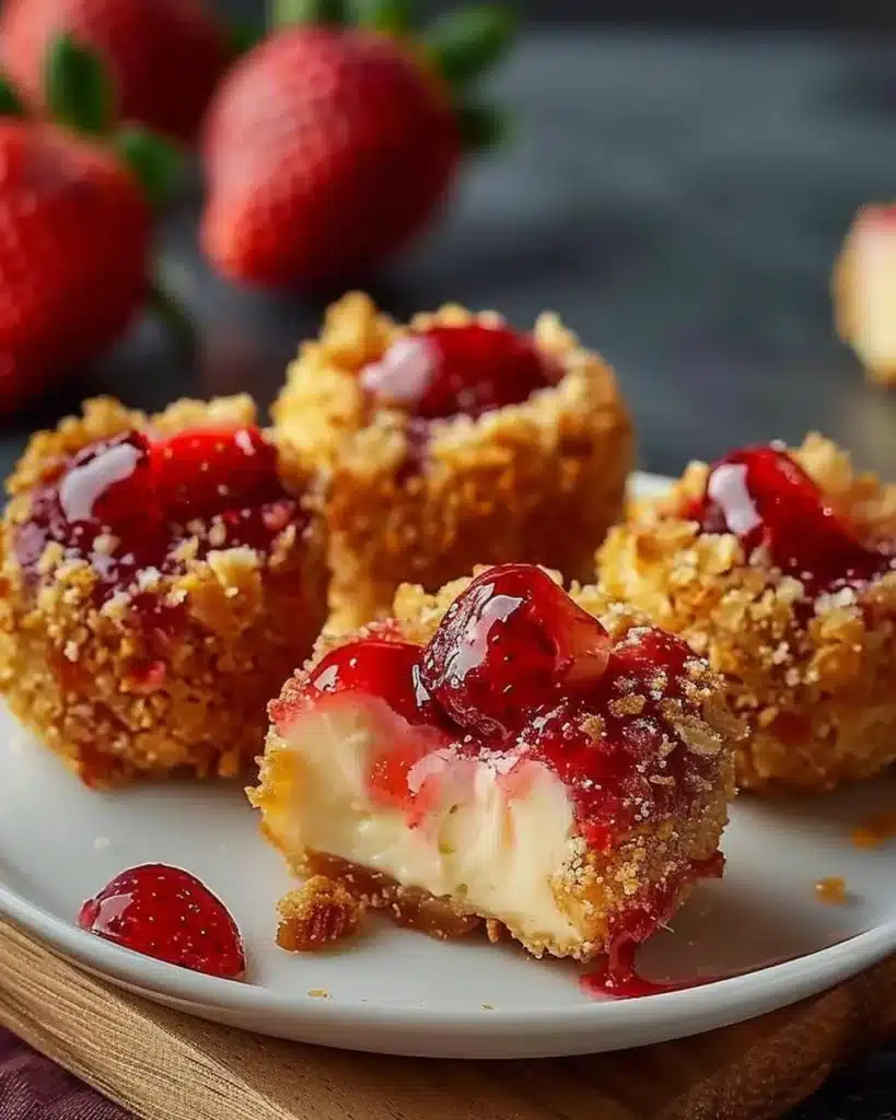 Delicious Strawberry Crunch Cheesecake Bites topped with crunchy strawberry crumbs