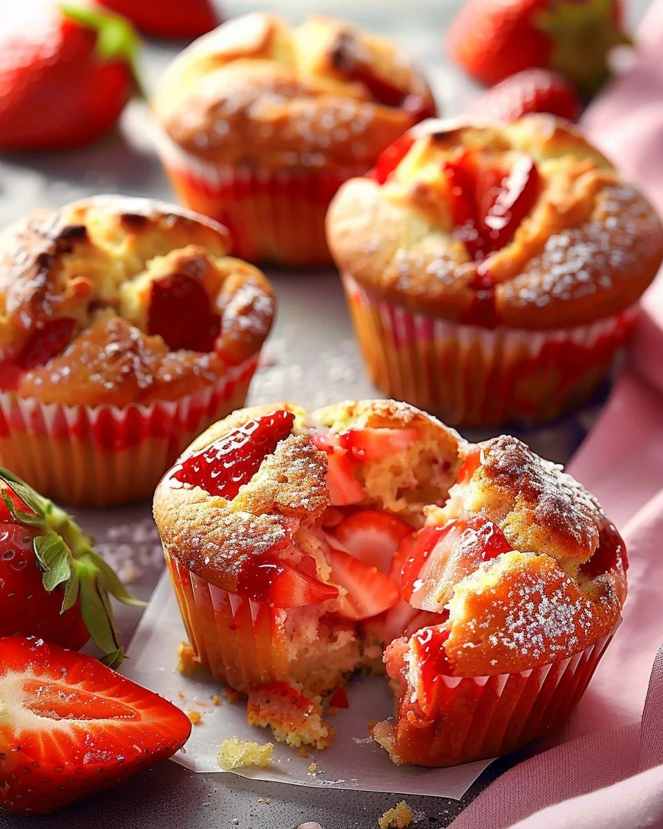 Freshly baked strawberry protein muffins on a plate.