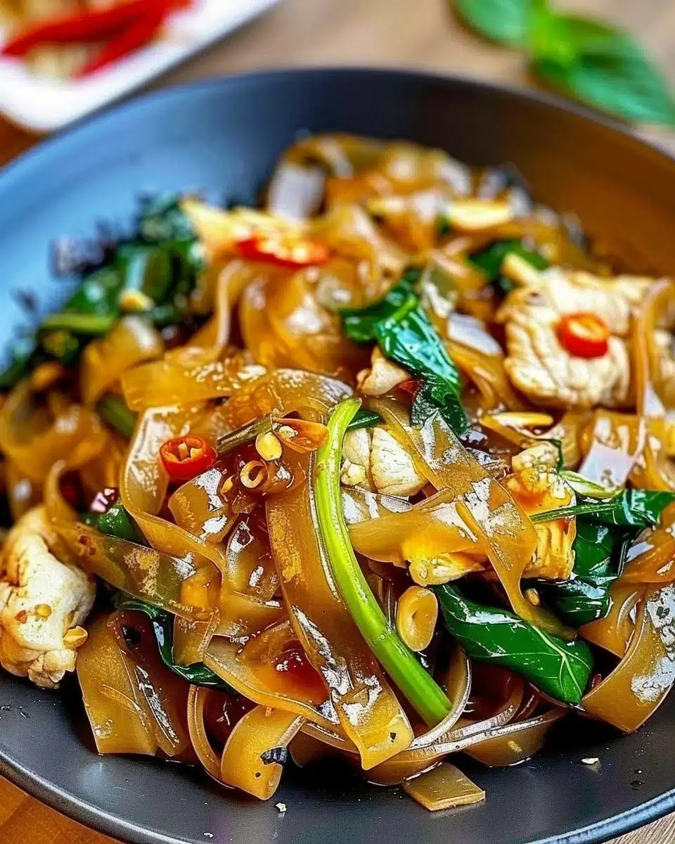Delicious plate of Street Style Thai Drunken Noodles with vibrant vegetables