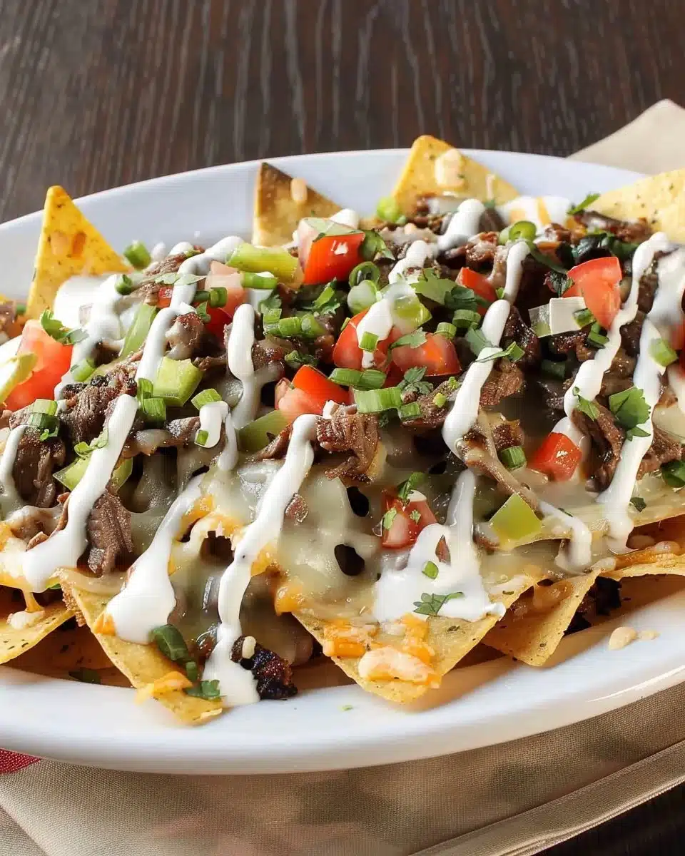 Delicious Super Deluxe Steak Nachos with melted cheese and toppings