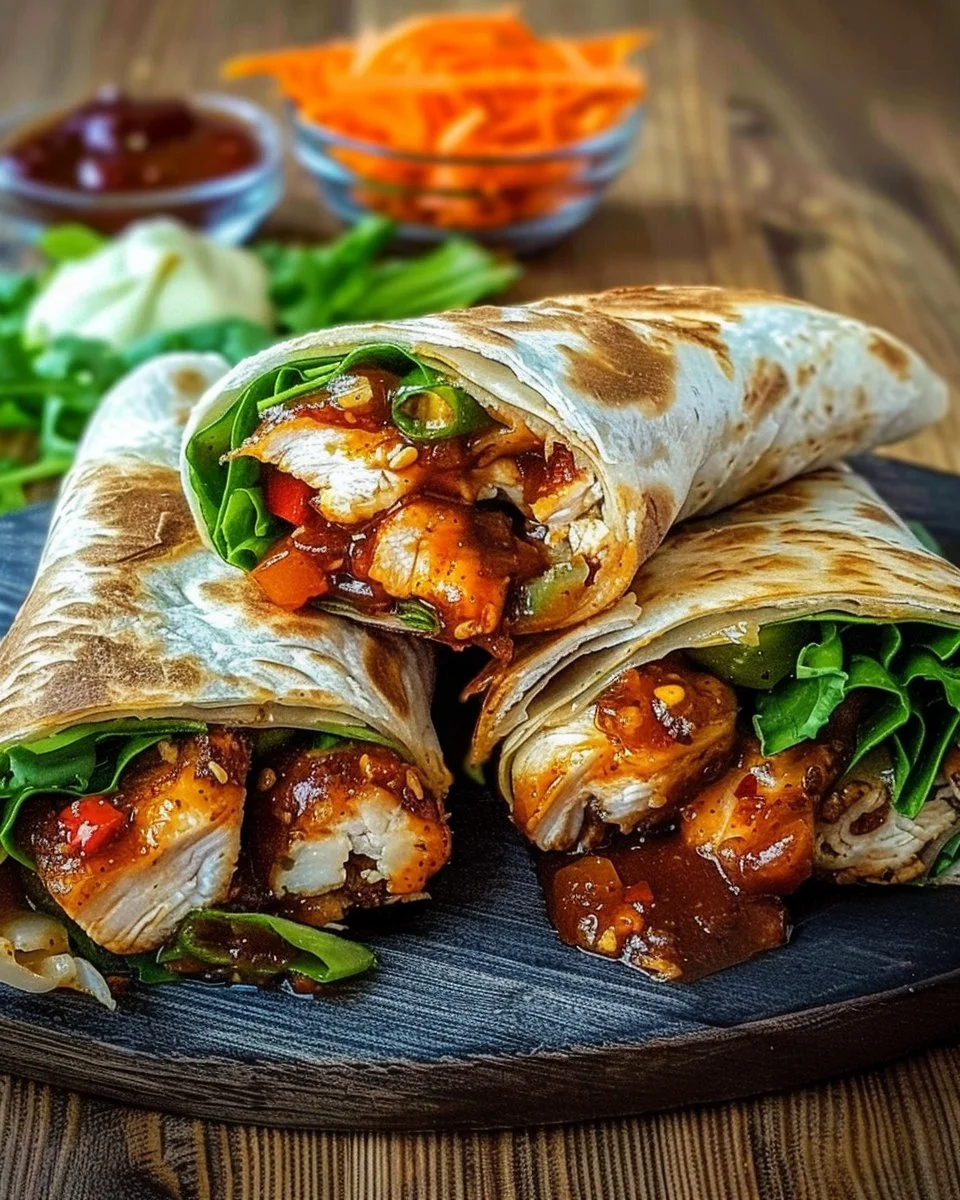 Delicious sweet chili chicken wraps ready to be served.