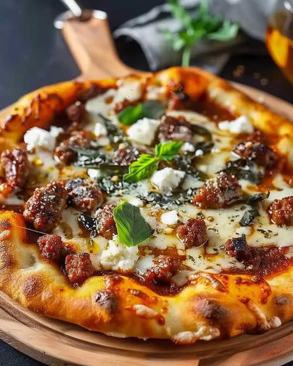 Sweet and spicy sausage ricotta pizza topped with honey for added flavor