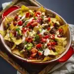Delicious taco beef nachos topped with cheese, jalapenos, and sour cream.