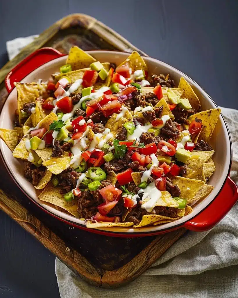 Delicious taco beef nachos topped with cheese, jalapenos, and sour cream.