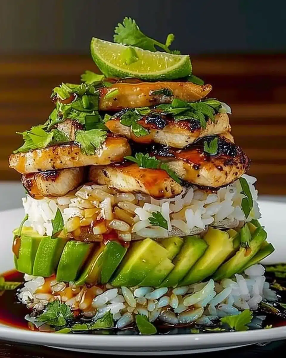 Plate of tangy Honey Lime Chicken served with avocado rice stack