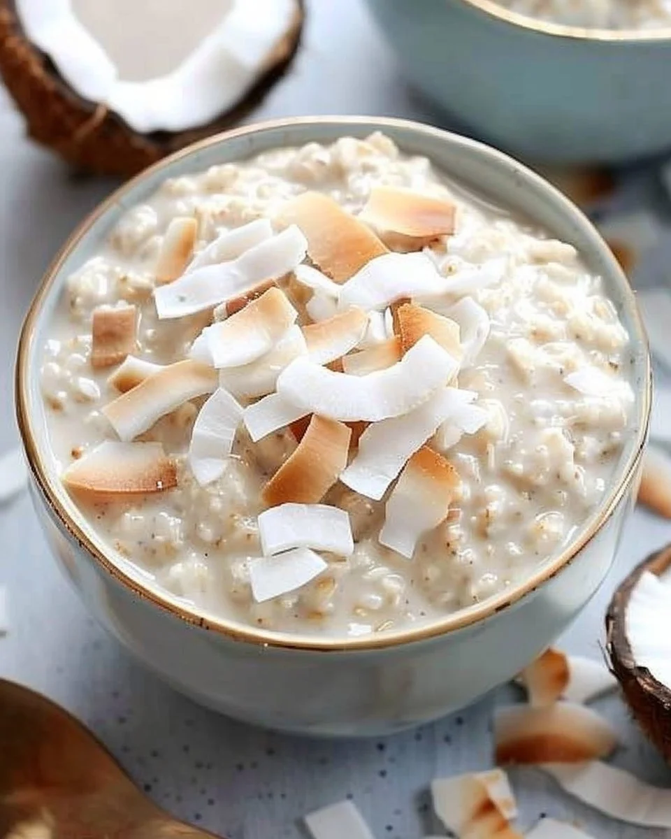 Bowl of delicious coconut cream oats topped with fresh fruits and nuts