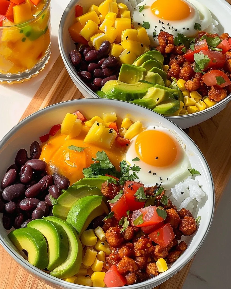 Tex-Mex protein breakfast bowl filled with eggs, beans, and fresh veggies.